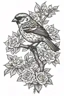 Sparrow perched on branch in rose bush long tattoo design idea
