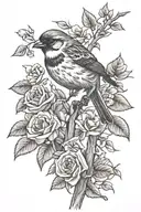 Sparrow perched on branch in rose bush long tattoo design idea