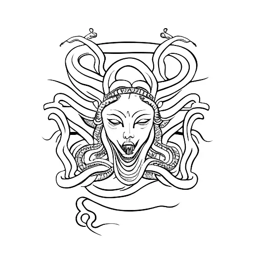 A minimalist tattoo of Medusa's face with a snake forming the shape of a sword behind her tattoo design idea
