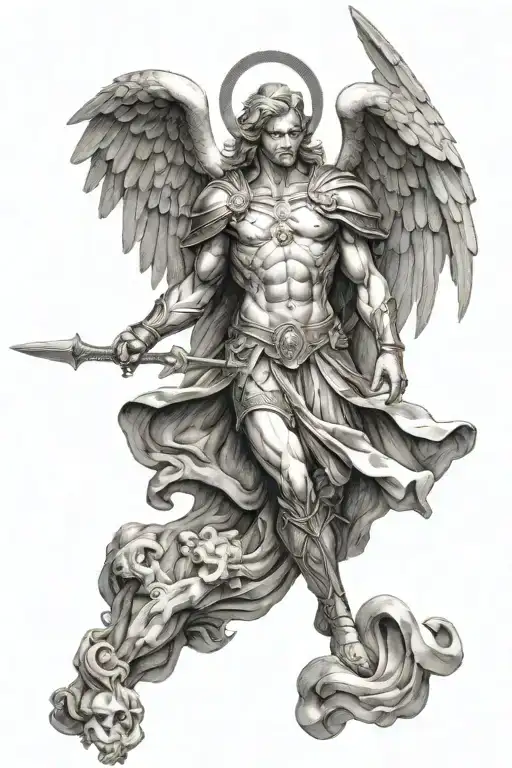create tattoo drawing for the inner forearm of archangel Michael standing over and defeating satan with a sword tattoo design idea
