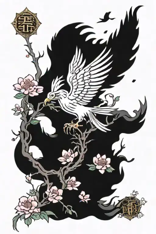 japanese cherry blossoms surrounding a phoenix rising from the ashes tattoo design idea
