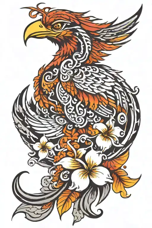 tribal phoenix with plumeria flowers tattoo design idea