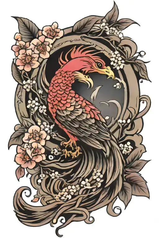 japanese cherry blossom flower surrounding phoenix  tattoo design idea