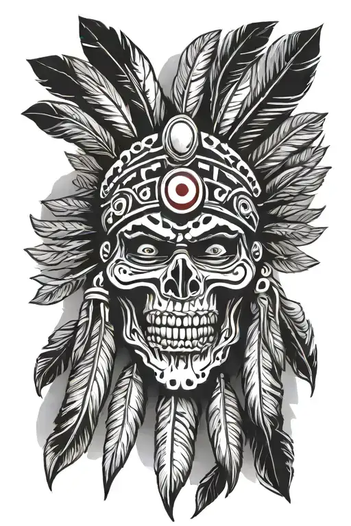 Black and gray front facing chief wahoo skull with a full headdress tattoo design idea