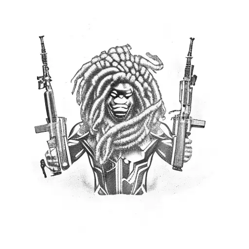 A powerful black warrior with dreadlocks wielding a gun tattoo design idea