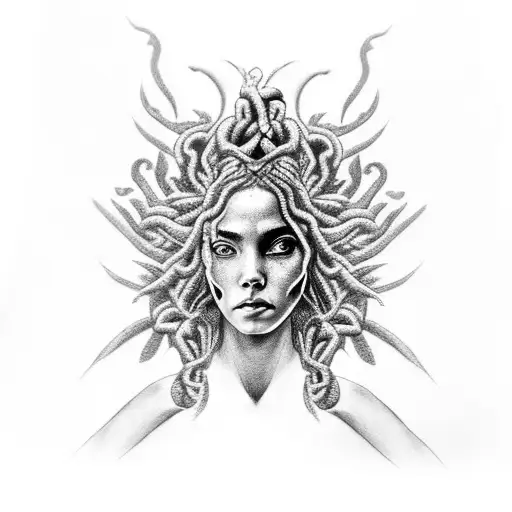 A black and grey tattoo featuring a warrior embracing her inner Medusa tattoo design idea