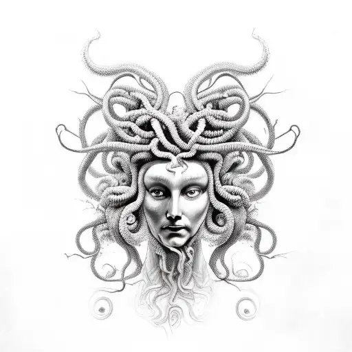 A mesmerizing Medusa portrait with melting features, symbolizing the duality of beauty and danger tattoo design idea