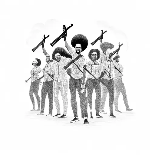 An empowering scene depicting a group of black people united, holding guns as a symbol of strength and resistance tattoo design idea