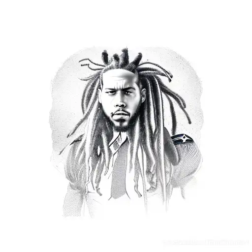 Portrait of a military hero with dreadlocks and a barbed wire frame tattoo design idea