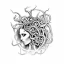 A black and grey tattoo featuring a warrior embracing her inner Medusa tattoo design idea