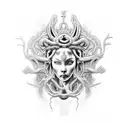 A black and grey tattoo featuring a warrior embracing her inner Medusa tattoo design idea
