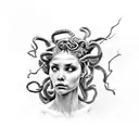 A black and grey tattoo featuring a warrior embracing her inner Medusa tattoo design idea
