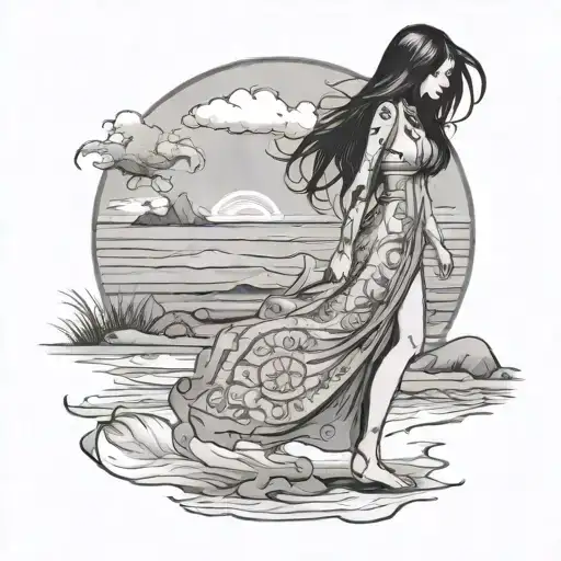 thin girl long black hair wearing dress barefoot in the beach tattoo design idea