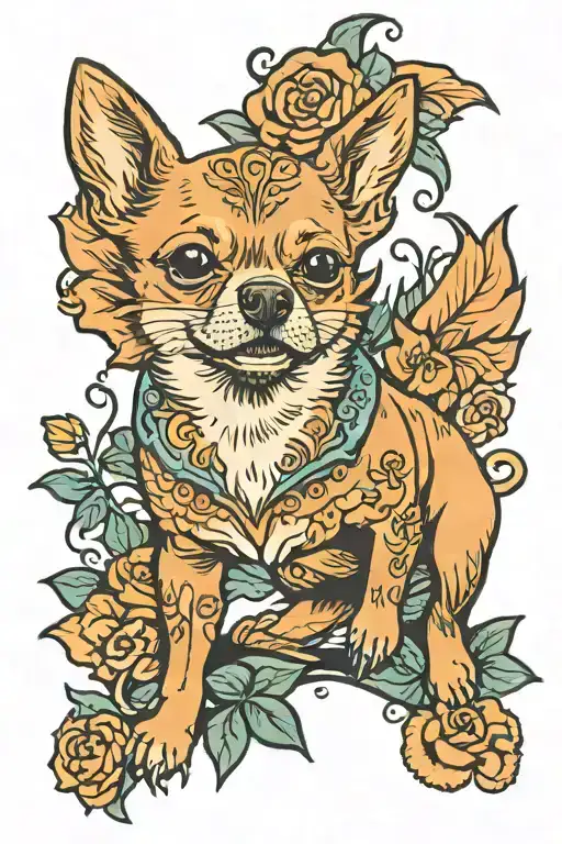 Draw a tattoo in the style of a fat ginger Chihuahua sleeping on his back tattoo design idea