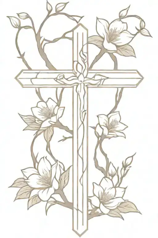 thin cross wrapped tightly in vines with magnolias and flowers coming off of the cross tattoo design idea