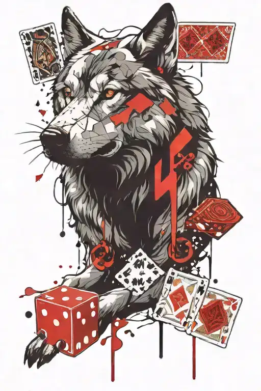 A wolf with playing cards and dice, surrounded by neon lights, symbolizing luck and risk-taking tattoo design idea