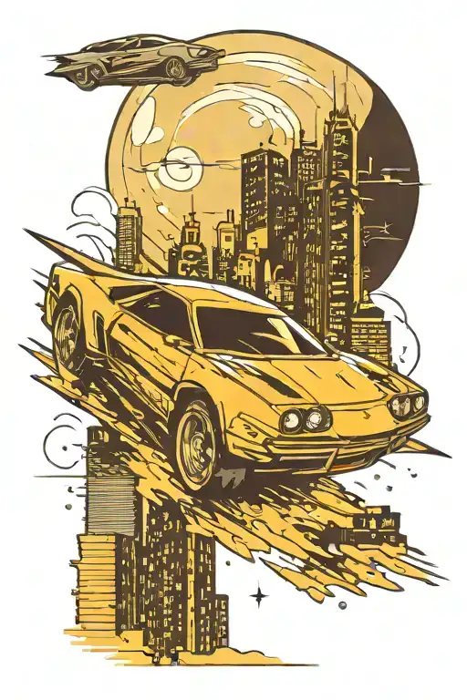 A sleek sports car speeding through a city skyline at night, with a full moon in the background tattoo design idea