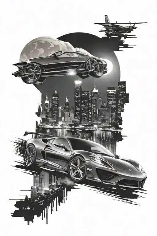 A sleek sports car speeding through a city skyline at night, with a full moon in the background tattoo design idea