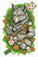 A wolf with playing cards and dice, surrounded by neon lights, symbolizing luck and risk-taking tattoo design idea