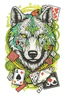 A wolf with playing cards and dice, surrounded by neon lights, symbolizing luck and risk-taking tattoo design idea