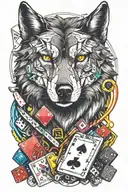 A wolf with playing cards and dice, surrounded by neon lights, symbolizing luck and risk-taking tattoo design idea