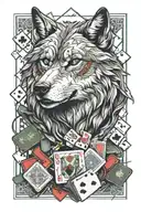A wolf with playing cards and dice, surrounded by neon lights, symbolizing luck and risk-taking tattoo design idea
