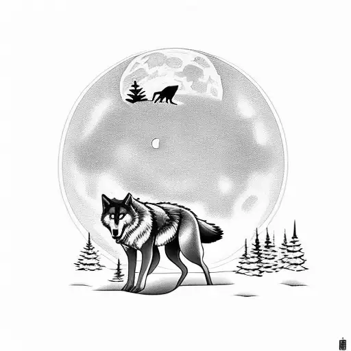 wolf below a half moon. half of its dace covered by black pine trees. in the foreground is a black wolf walking. tattoo design idea