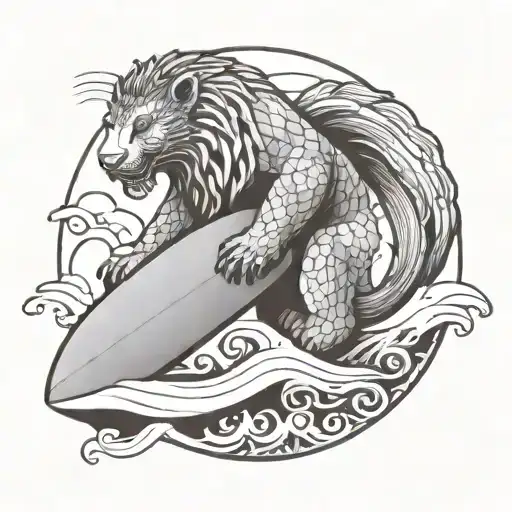 MYTHICAL MERLION HOLDING A SURFBOARD tattoo design idea