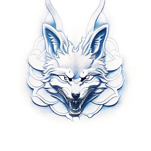 Victory statue with kitsune mask tattoo design idea