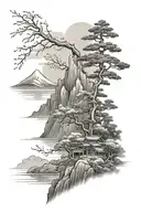 Japanese nature scene with trees and mountains tattoo design idea
