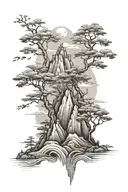 Japanese nature scene with trees and mountains tattoo design idea