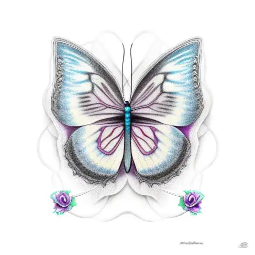 cyan color butterfly on a black rose tattoo design idea