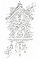 simple cuckoo clock Bavarian with edelweiss surrounding and chimney decorative roof and weights on bottom  tattoo design idea