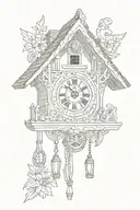 simple cuckoo clock Bavarian with edelweiss surrounding and chimney decorative roof and weights on bottom  tattoo design idea