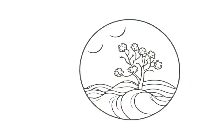 single line drawing sun, tree and water waves tattoo design idea