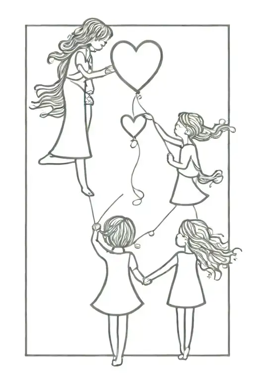 3 little girls one holding love heart balloon flying tattoo design idea
