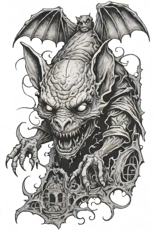 Vampire bat horror town with cuthulu tattoo design idea