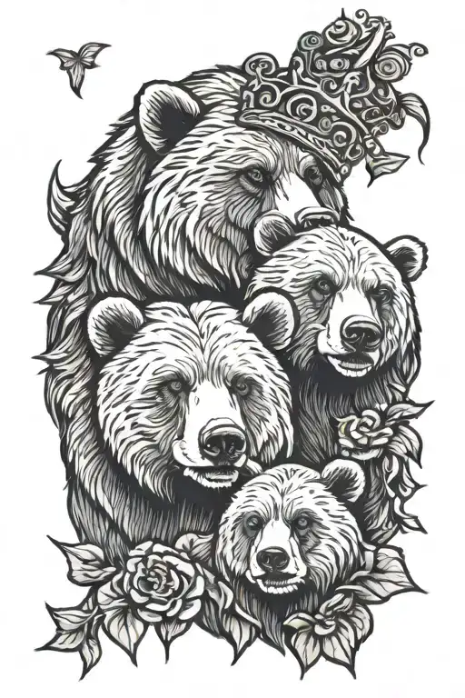 grizzly bear with 1 cub with a crown and 2 cubs with bows in hair  tattoo design idea