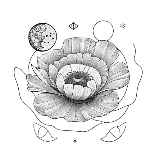 poppy flower and chrysanthemum with the moon phases tattoo design idea