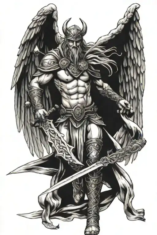 semi nude viking angel holding a sword tattoo design idea