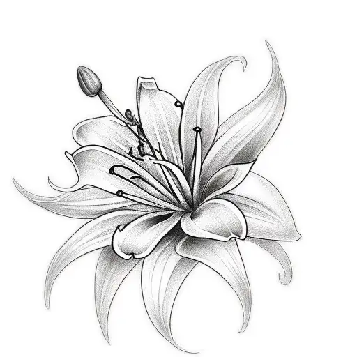 A sketch-style tattoo showcasing a beautiful lily flower with the client's last name, 'Dorantes', elegantly integrated into the design tattoo design idea