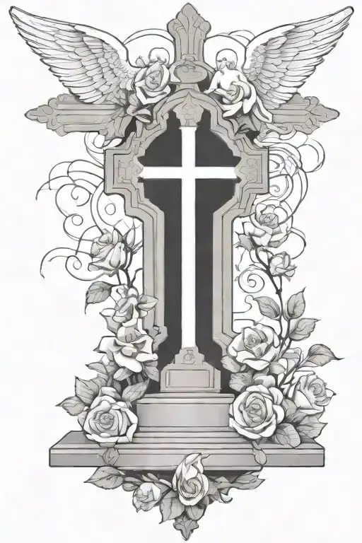 Christian Cross on Grave with angel watching and Roses Growing  tattoo design idea