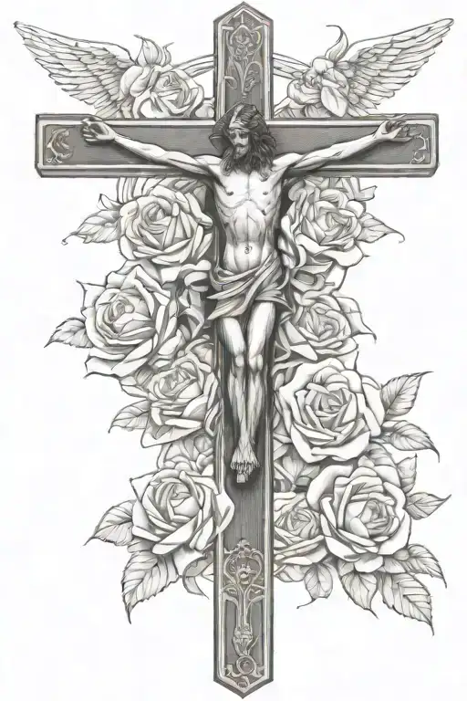 crucifix with angel looking down and roses from bottom up forearm half sleeve tattoo design idea