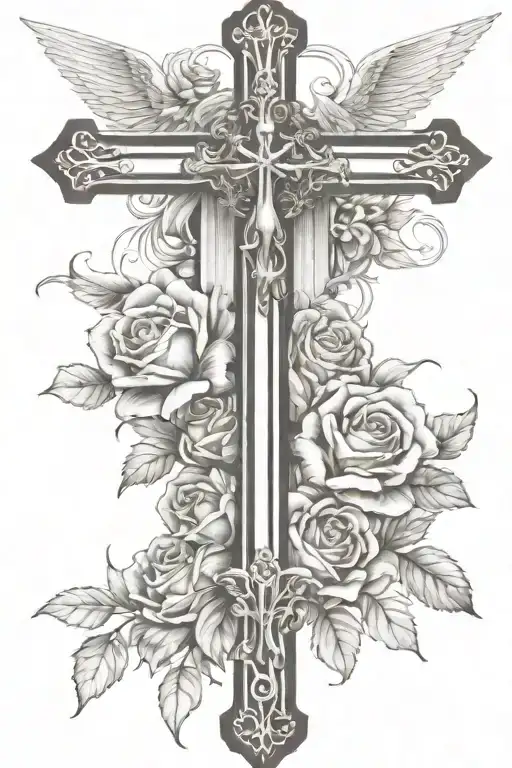 Christian Cross with angel looking down and roses from bottom forearm half sleeve tattoo design idea