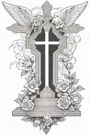 Christian Cross on Grave with angel watching and Roses Growing  tattoo design idea