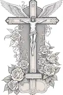 Christian Cross on Grave with angel watching and Roses Growing  tattoo design idea