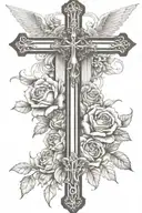 Christian Cross with angel looking down and roses from bottom forearm half sleeve tattoo design idea