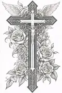 Christian Cross with angel looking down and roses from bottom forearm half sleeve tattoo design idea