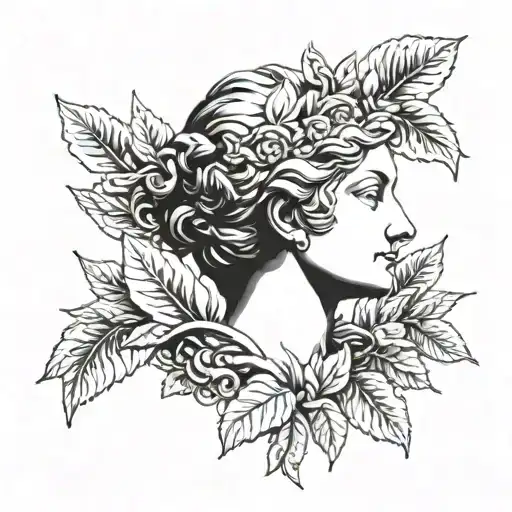 the top half of the head of the statue of Venus surrounded by Greek leafs  tattoo design idea