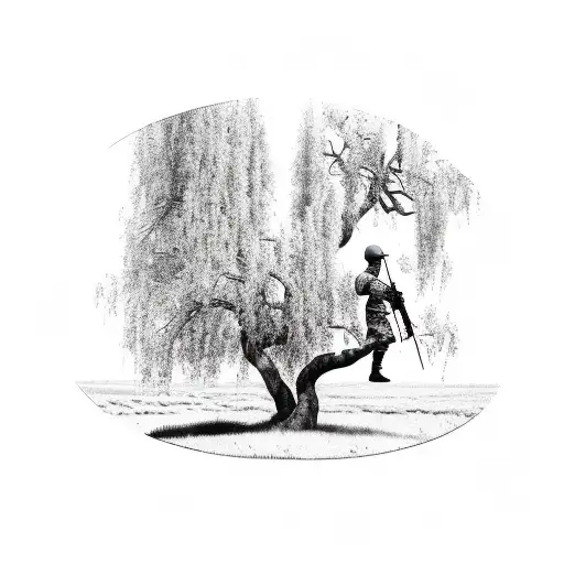 make a half sleeve tattoo of a soldier standing at the edge of a pond with a willow tree in the back ground.  tattoo design idea